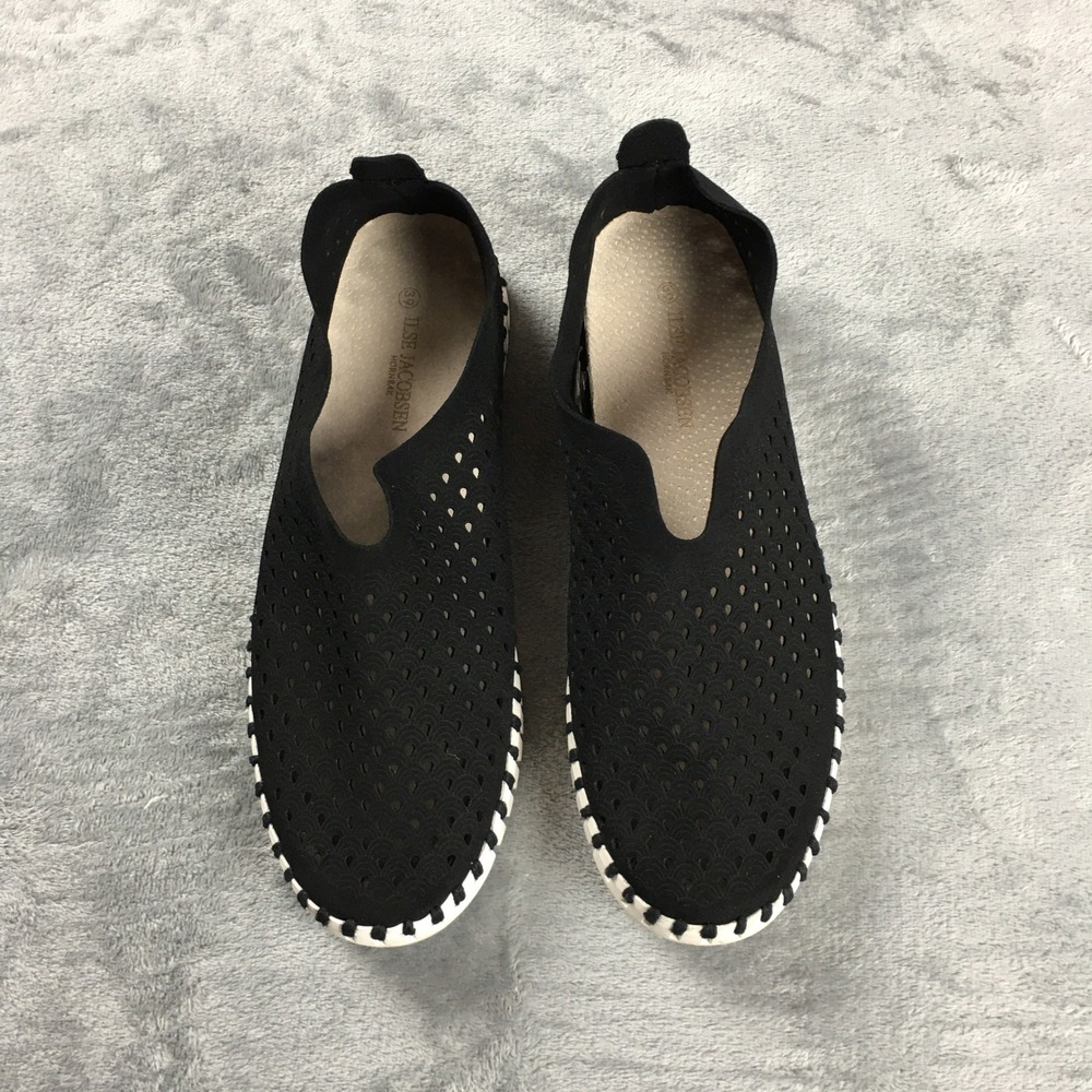 Ilse Jacobsen Black Slip On Loafers Women's Sz 39 8.5 US Laser Cut Summer Shoes
